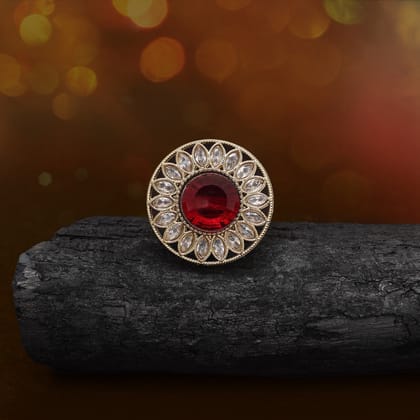 Rich Maroon Color Kundan Ring For Women-Ring_Size_Adjustable | Diameter Length: 3.00 CM x Width: 3.00 CM / Maroon / Alloy With Good Quality Mehndi Gold Plated