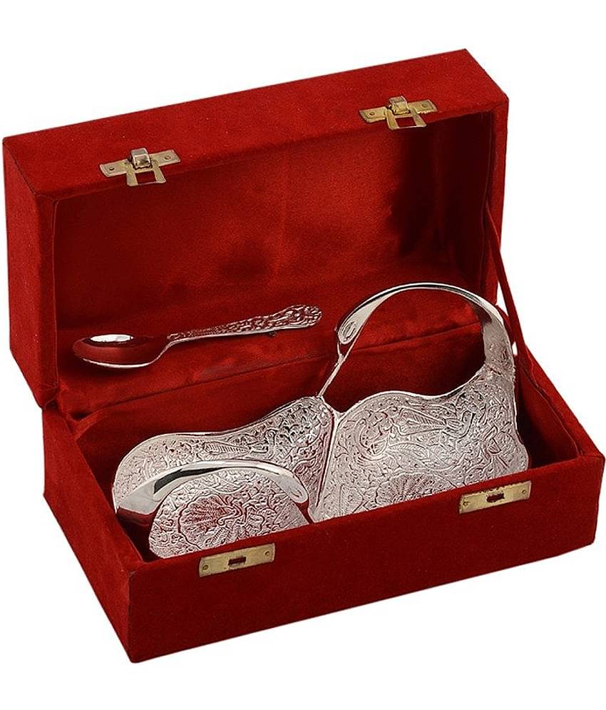 Rangsthali Silver Plated Brass Twin Swan Bowl And Spoon Set (2 Pcs)