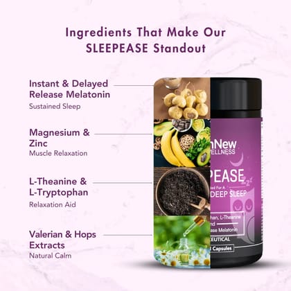 WishNew Wellness SLEEPEASE | 30 Veg Capsules | Advanced Sleep Formula | L-Theanine, Melatonin, Valerian, Ashwagandha | Deep Restful Sleep | Non-Habit Forming | 100% Vegetarian | Enhanced Relaxation