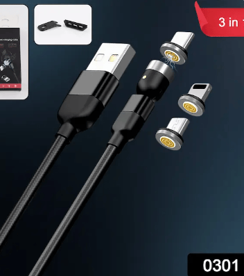 3 in 1 Magnetic USB Charging Cable | USB-c Android and Lightning with Extra Protecting Nylon| Strong Magnetic Cable with Full Rotation Support Fast Charging