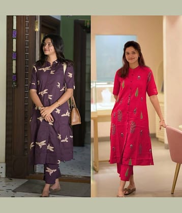YAGNIK FASHION Women Cotton Blend Self Design A-line Kurti With Pants ( Multicolor 1 )