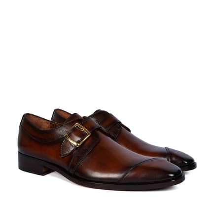 Single Monk Formal Shoes in Espresso Leather Slant Cap Toe Laser Engraved Top Line By Brune & Bareskin-40/6