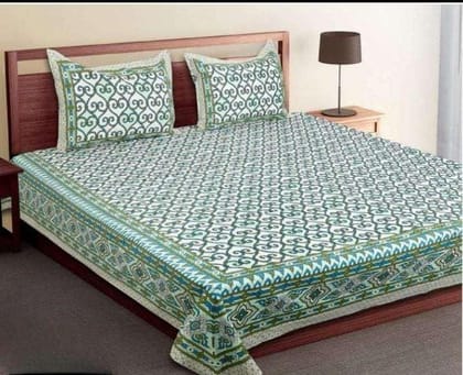 DHRUVINSRI Cotton Bedsheet Set, Olive Green Jaipuri Print, 100x108 Inch, Double King Size Bed Cotton bedsheet, 275 * 264, Bed Sheet with 2 Pillow Covers