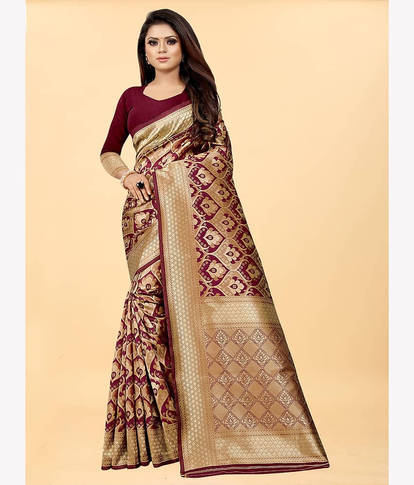 Gazal Fashions Banarasi Silk Embellished Saree With Unstitched Blouse Piece ( Maroon )