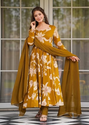 Womens Anarkali Pent Dupatta Set Mustard Vaani Suit