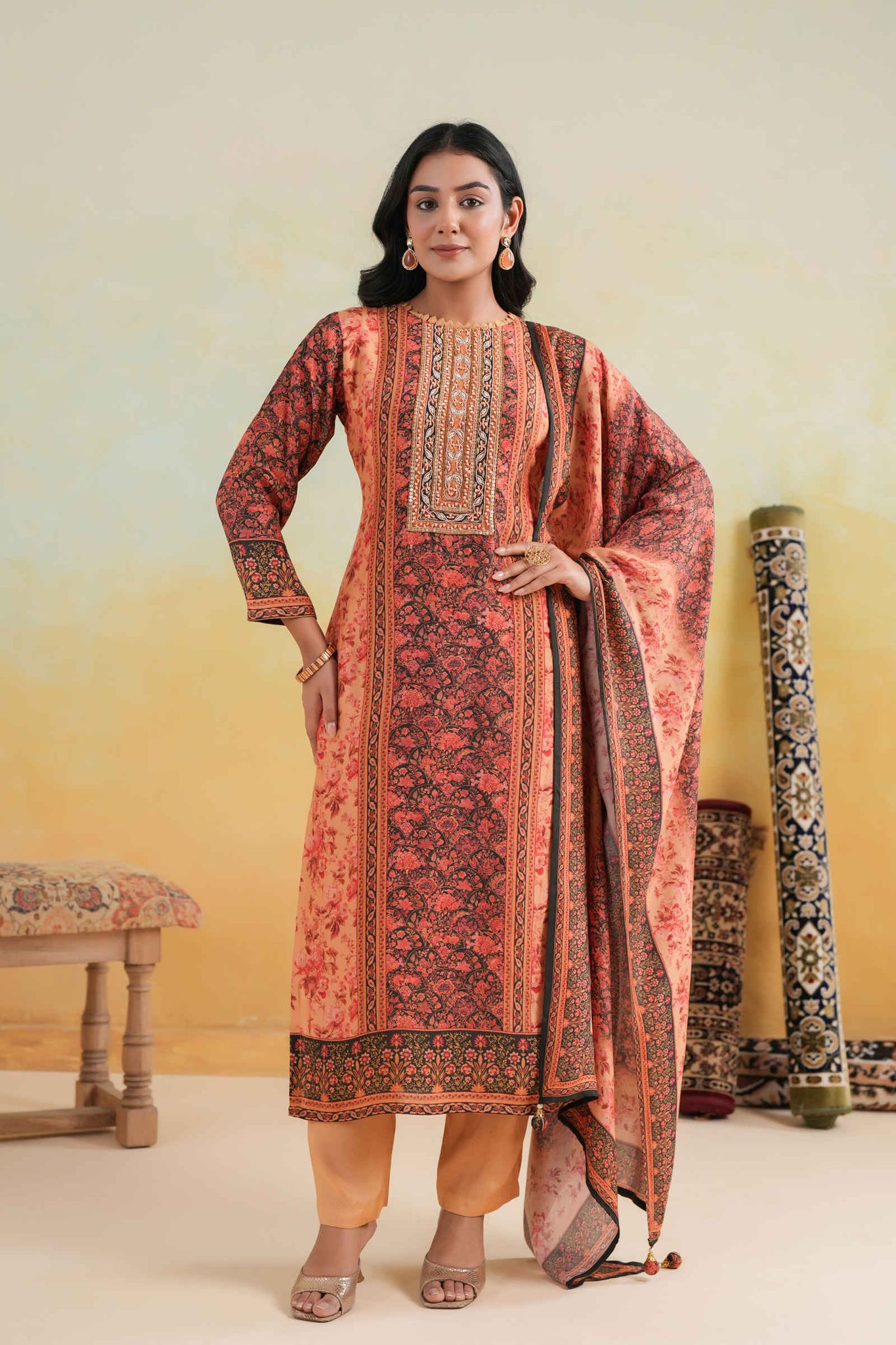 Kavish Noor-e-Gulab Maroon Kurta Pant and Dupatta Set-S / Maroon / Maroon