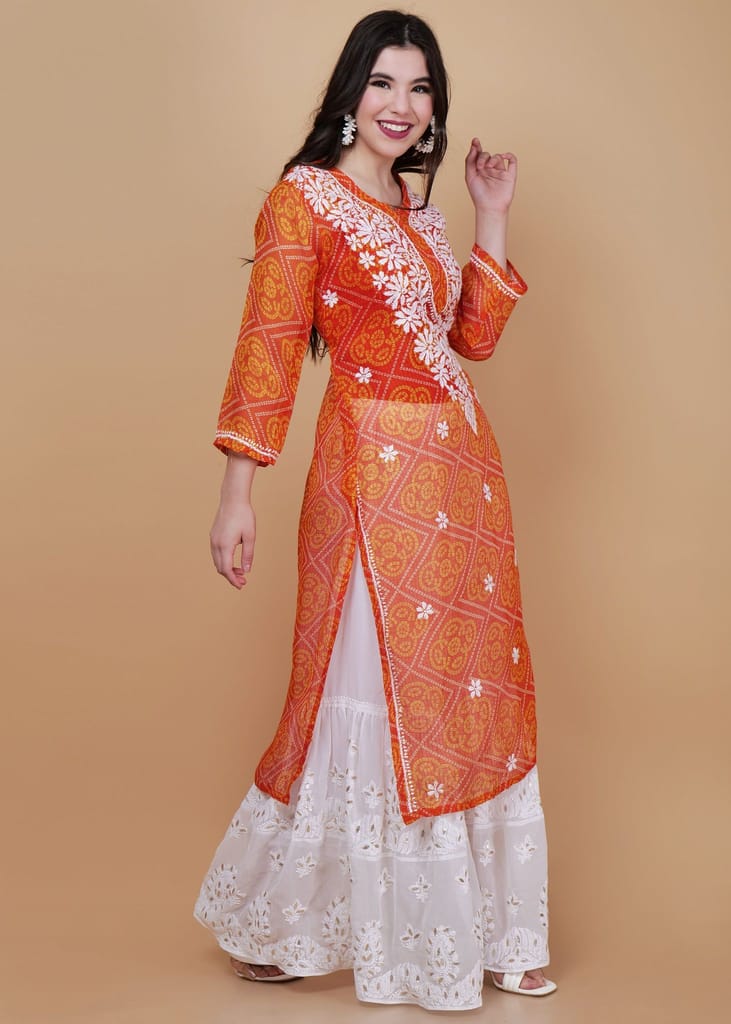 Handcrafted Kota Chikankari Straight Kurta - Orange