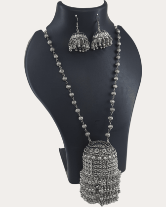 Oxidize Long Chain Set With Big Size Jhumka-2