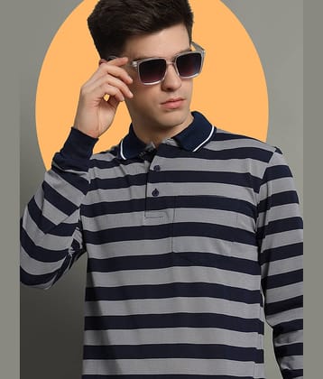 GET GOLF Pack of 1 Cotton Blend Regular Fit Striped Full Sleeves Men's Polo T Shirt ( Navy )