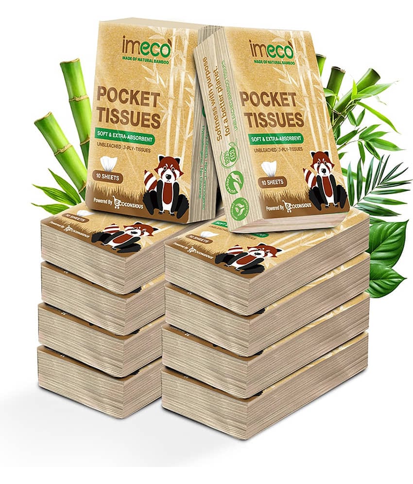 IMECO 2 Ply Bamboo Facial Pocket Tissues 100 Pulls Combo | 10 Pulls X Pack of 10 | Ultra-Soft, Biodegradable & Skin Safe & Travel-Friendly | For Home, Office & On-the-Go Use