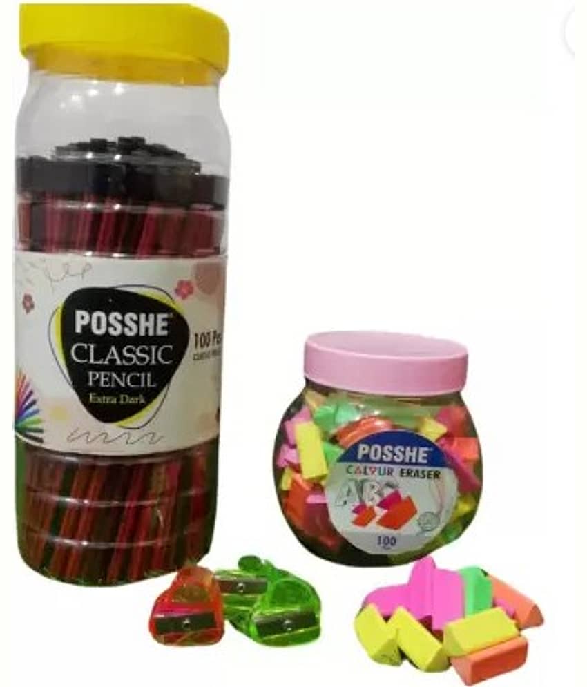 Posshe 100 Hexa Pencil 100 Florescent Trigle Eraser & 2 Crystel Dil Sharpener Pencil (Set of 202, Multicolor)