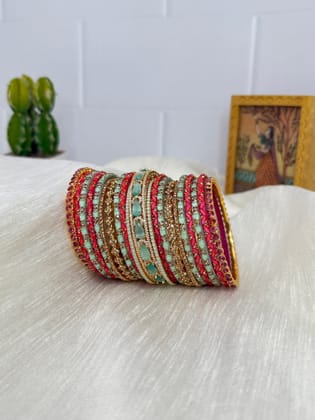 Designer Elegant Sea Blue and Pink Glass & Stone Bangle Set - 5114-2.4 / Both Hands (you will get 2 sets)