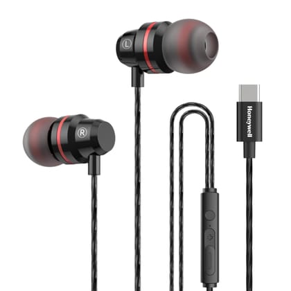 Honeywell Suono P60 Wired Earphones with built in Mic, Passive Noise Cancellation, Type C Compatible, Voice Assistant Enabled, 1.2 Mtr- Black