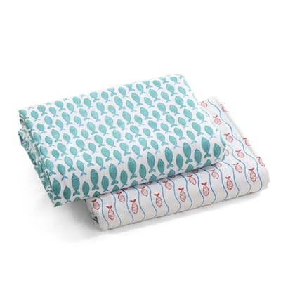 Eyaas Fish And Waves Block Print Cotton Dohar, Set of 2, 60x90