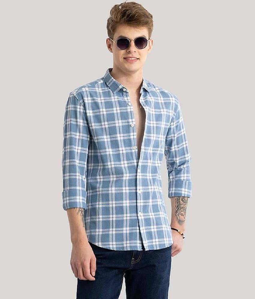 IQIVLI Cotton Blend Regular Fit Checks Full Sleeves Men's Casual Shirt - Light Blue ( Pack of 1 )