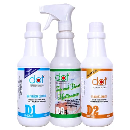 DOT Bathroom Tiles Descaler, Tap Shower Mirror, Kitchen Surface SS Sink Cleaner, Floor, Heavy Oil Stain Remover Degreaser 400ml each (Combo Pack) DOT Bathroom Tiles Descaler, Tap Shower Mirror, Kitchen Surface SS Sink Cleaner, Floor, Heavy Oil Stain Remover Degreaser 400ml each (Combo Pack)