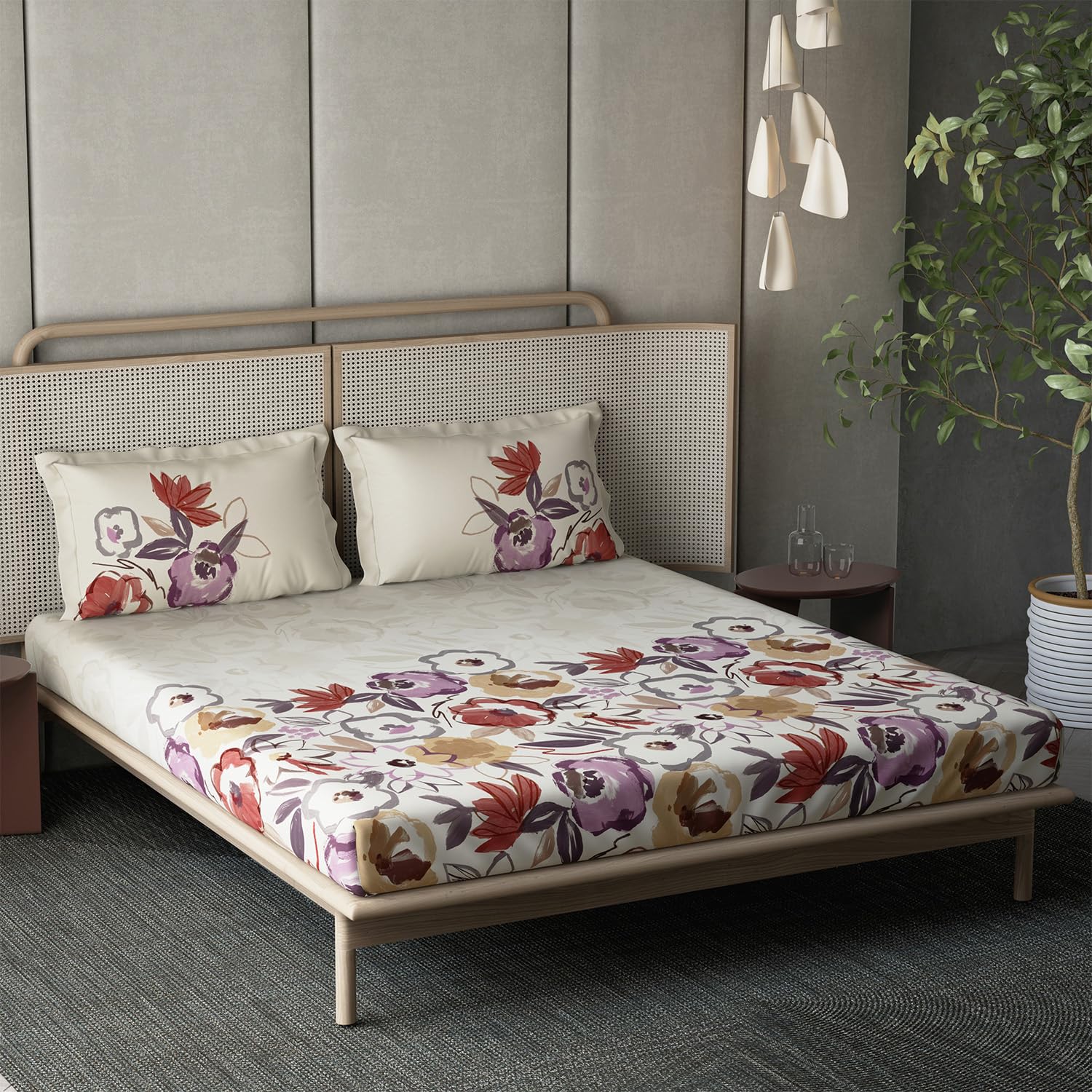 DDECOR - Esteem Collection 100% Cotton Floral Pattern 210TC Super King |274 CM X 274 CM| with 2 Pillow Covers - Red
