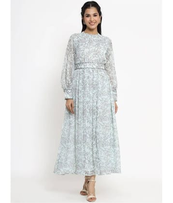 Juniper Women Chiffon Printed Ethnic Dress ( Light Blue )