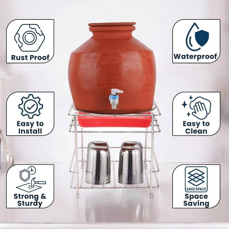 Stainless Steel Double Tier Water Dispenser Stand with Glass Holder Tray | Rust Proof & Space Saving | Home & Office
