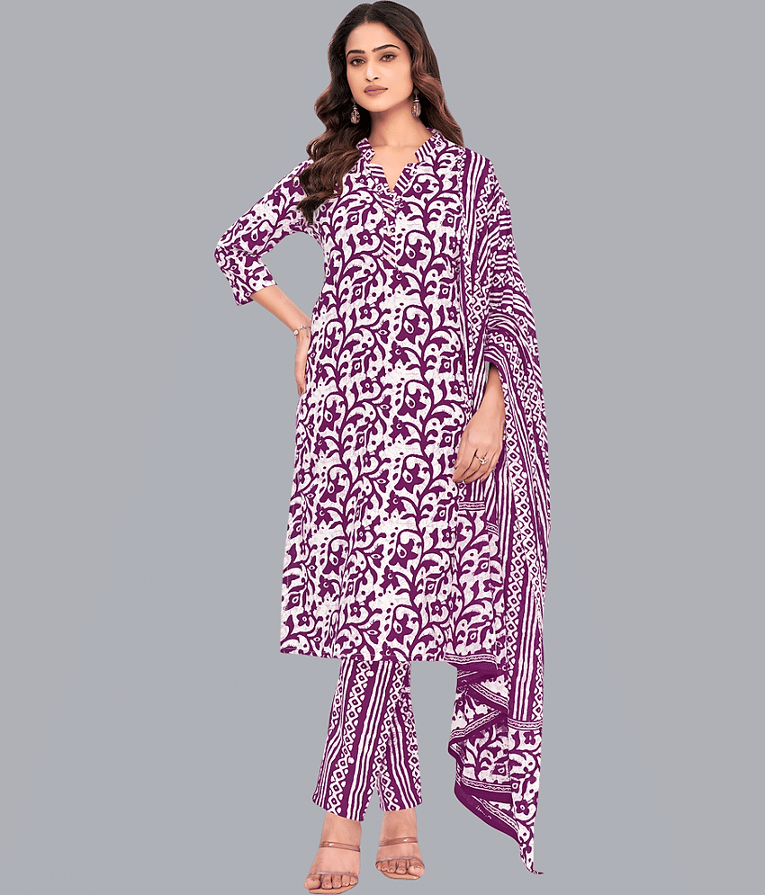 shree jeenmata collection Women Cotton Printed Straight Kurti With Pants ( Purple )