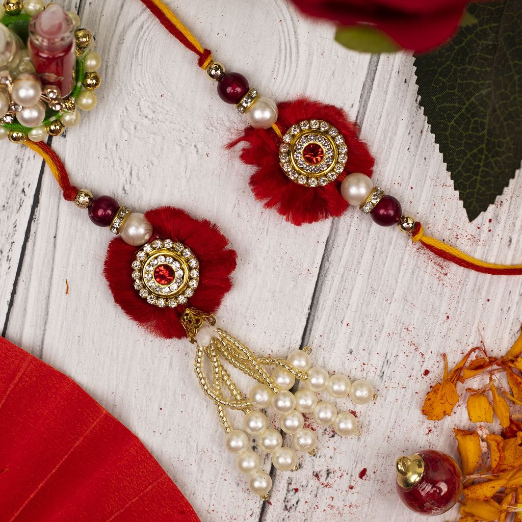 Craftlayout Lumba Red Pearl Rakhi For Brother and Bhabhi, Gift Hamper