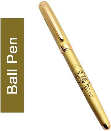 Stylish Golden Finish Modi Image Engraved Design On Body And Lotus On Cap Medium Tip Ball Pen