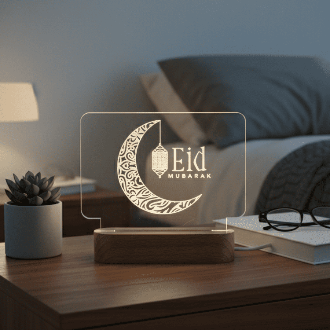 Premium Eid Mubarak Lamp Wooden Base Ramadan Gifts