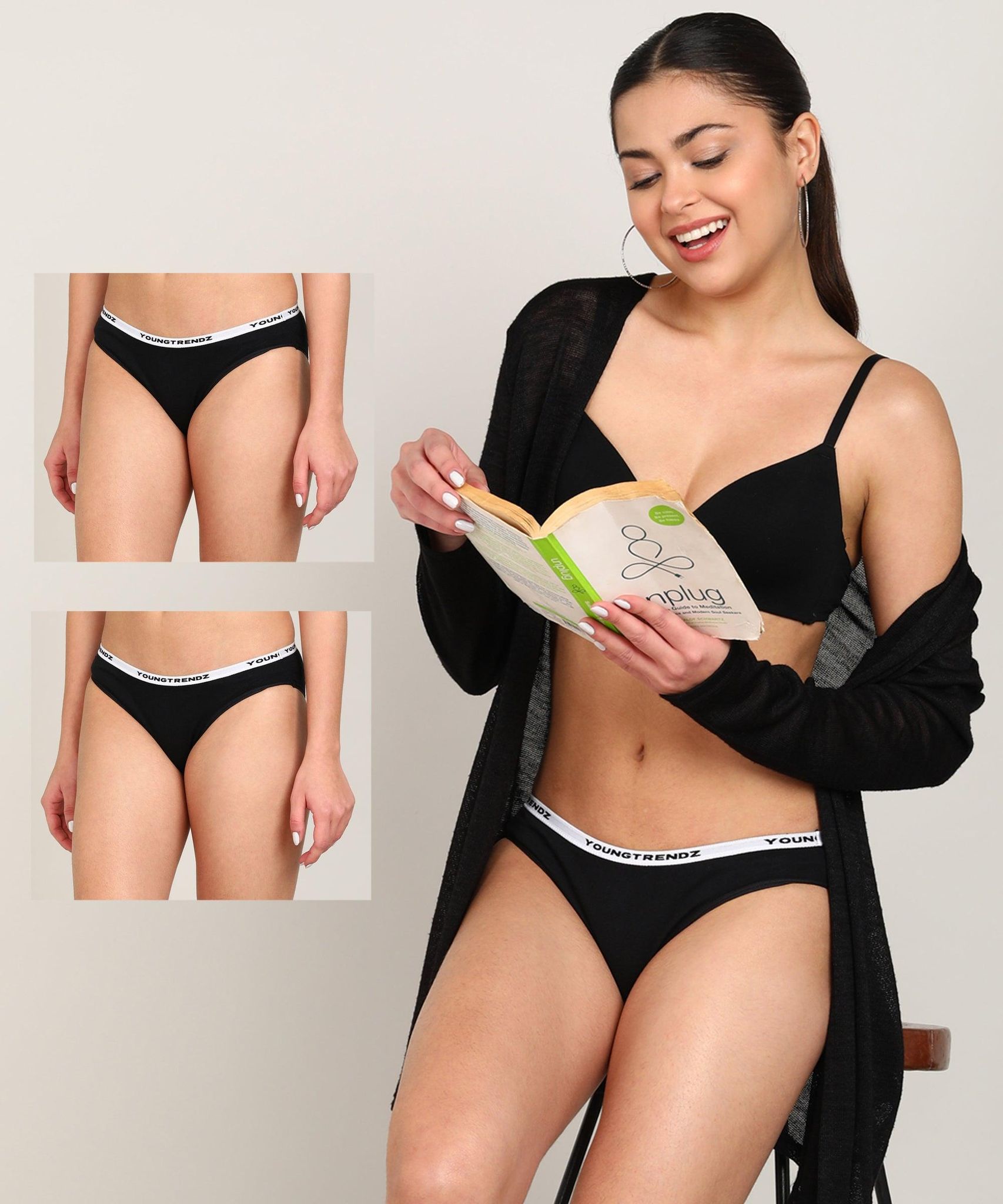 Women Branded Elastic Hipster Pack Of 2 - Briefs-S / Black