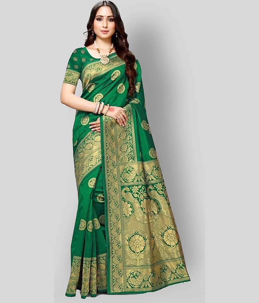 NENCY FASHION Silk Blend Printed Saree With Unstitched Blouse Piece ( Green )