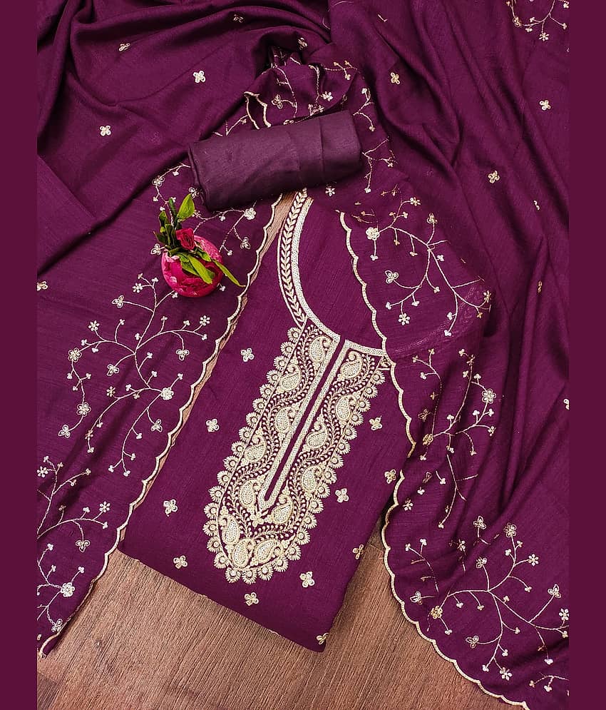 Rangtulika Ethnics Unstitched Cotton Blend Embroidered Dress Material - Purple ( Pack of 1 )