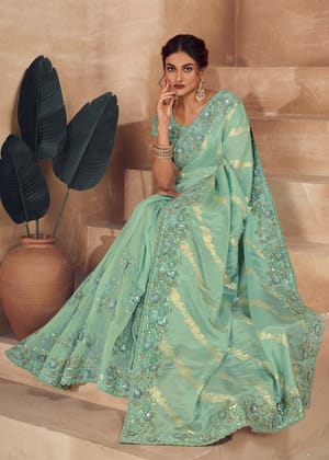 Tea Green Heavy Embroidered Designer Silk Saree