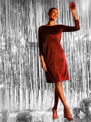 Stretch Velvet Dress- Maroon-S