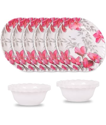 HomePro Royal Flower Print Plate, Bowl Pink Melamine Dinner Set ( Pack of 12 )