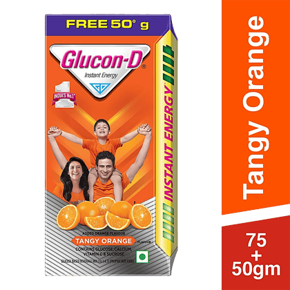 Glucon-D, Orange Flavoured Glucose Based Beverage Mix - 125 G (75G + 50G Free) Carton