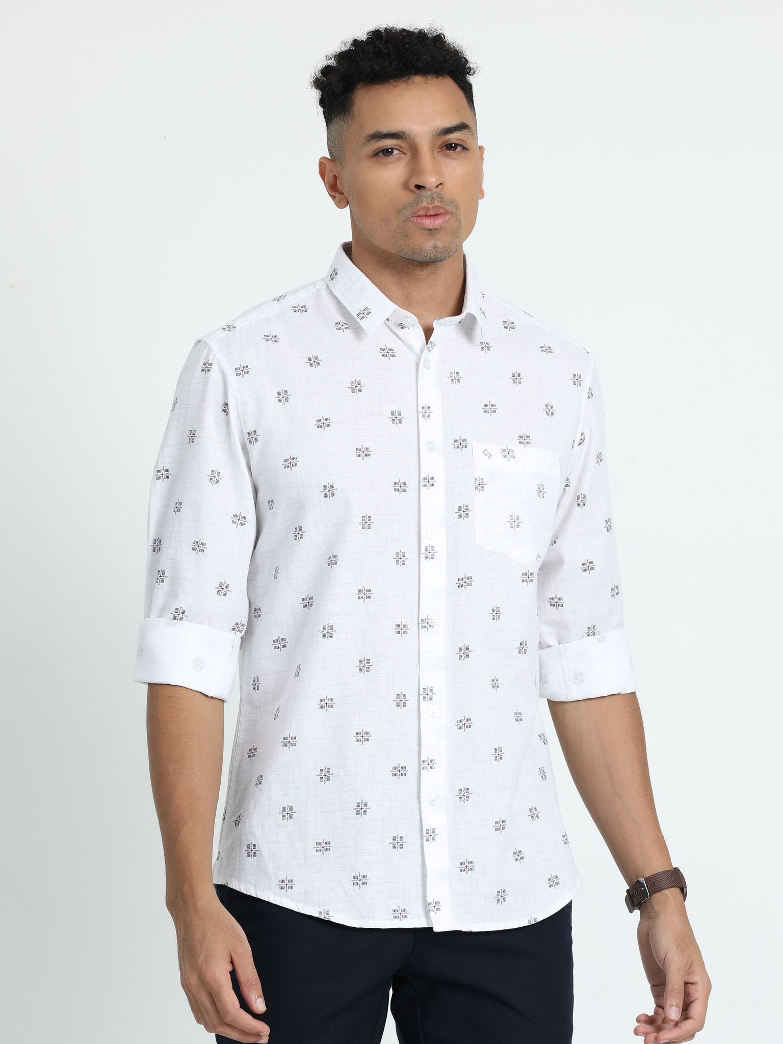 Classic Polo Men's Printed White Cotton Linen Full Sleeve Woven Shirt | LINEN - 42 A-FS-PRT-SF