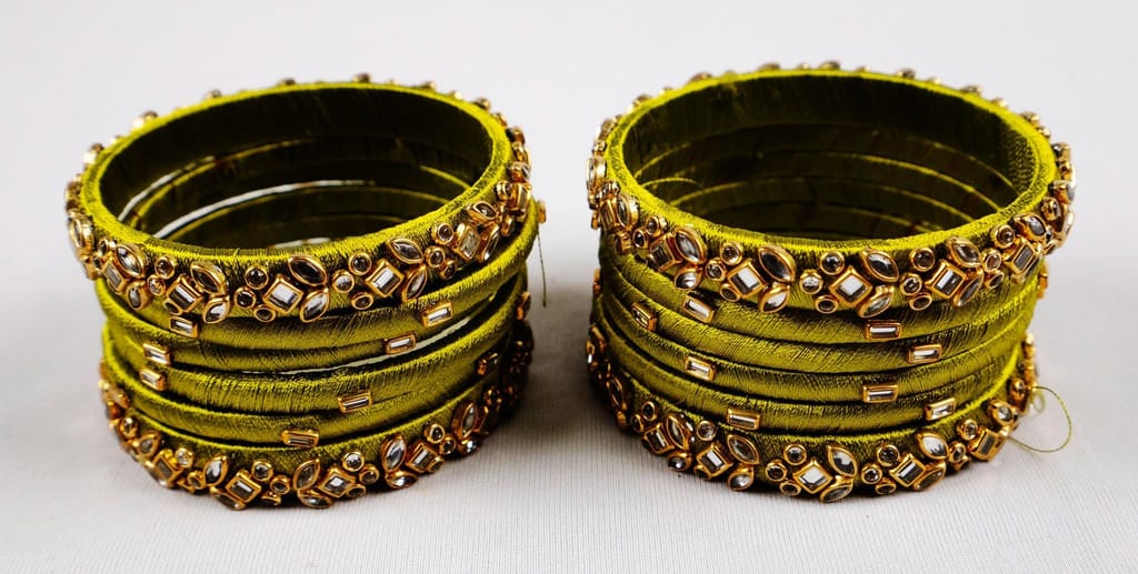 Green Silk Thread Bangle Set with Kundan Stones