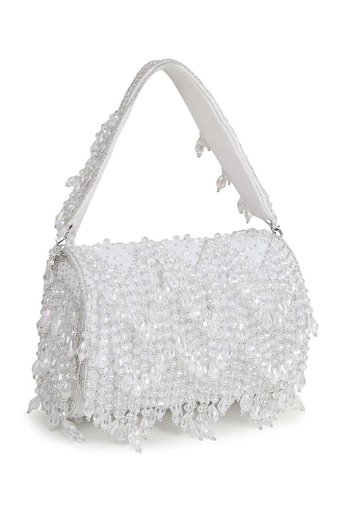 White Suede Crystal Work Flap Bag