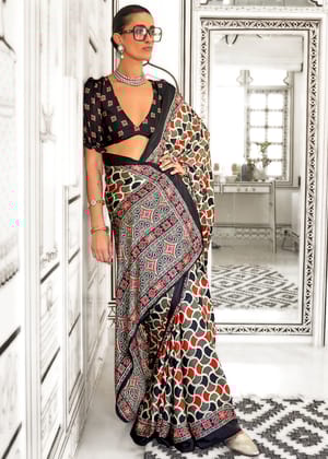 Grey And Black Satin Crepe Printed Saree