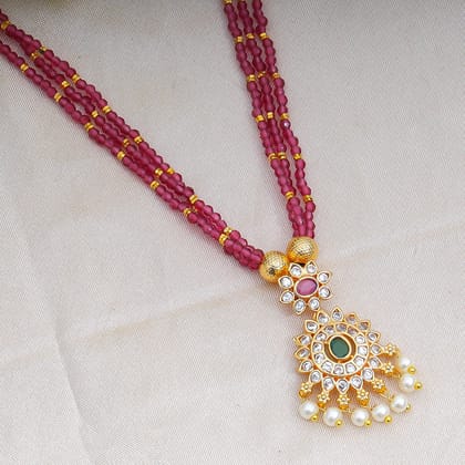 Ruby Red Beaded Necklace with Gold and Pearl Sunburst Pendant