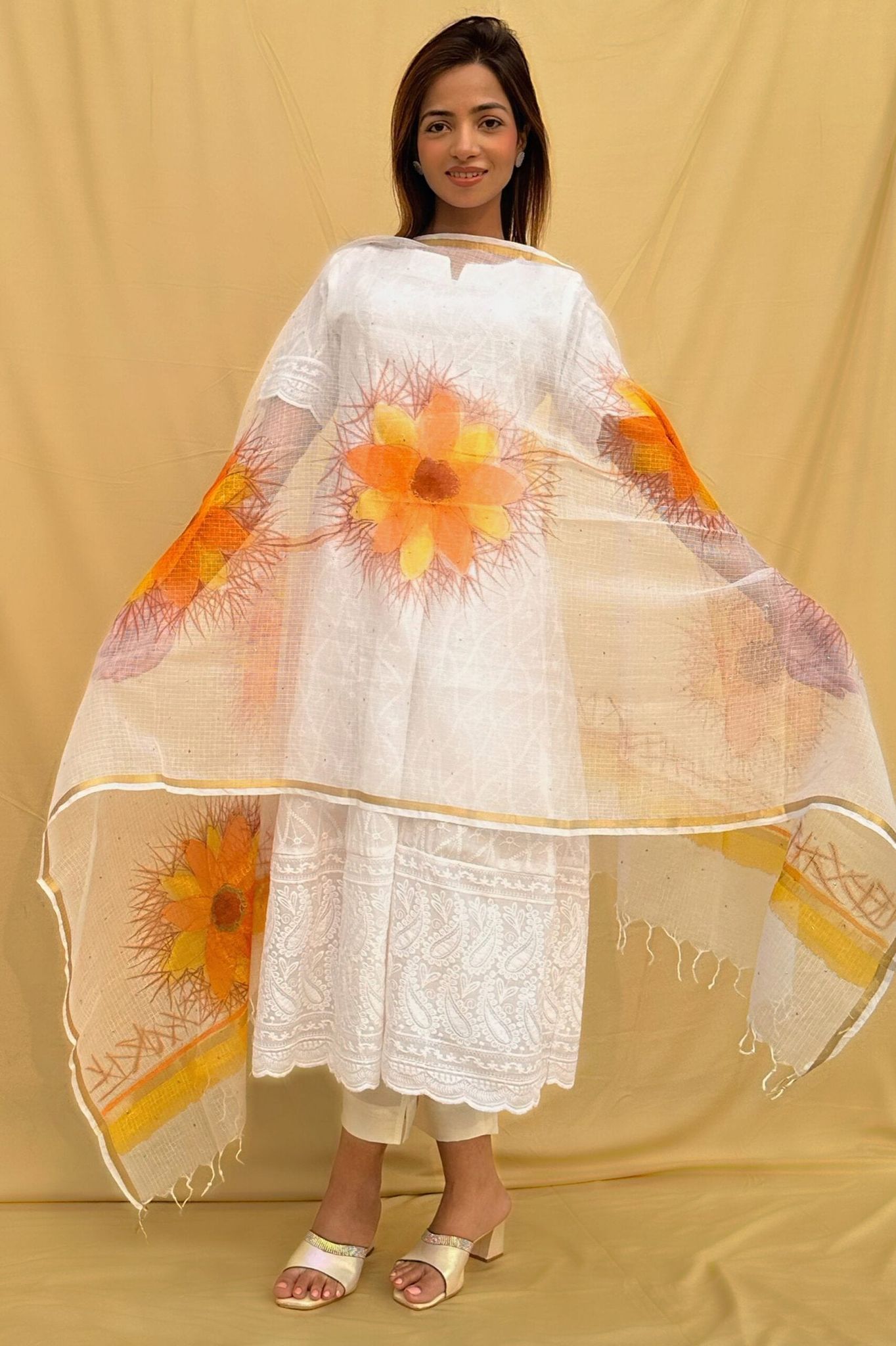 White Flowery Net Dupatta