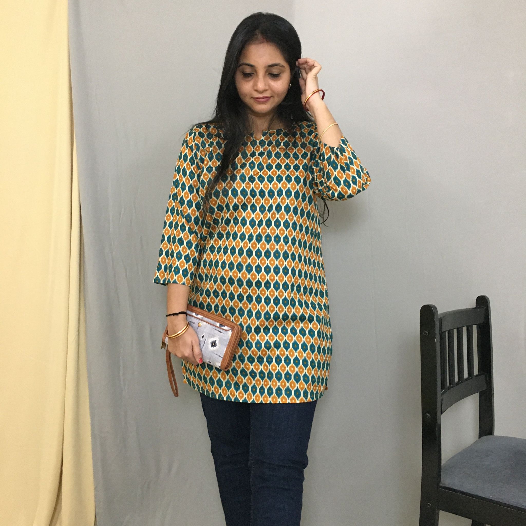 Sea Green Orange Honey Print Short  Kurti  - Pure Cotton-34 - XS