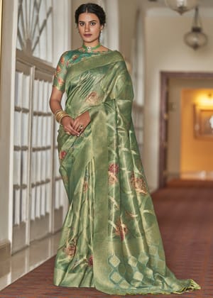 Mint Green Woven Banarasi Tissue Organza Silk Saree With Digital Print
