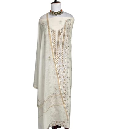 Chikankari Mul Chanderi Dress Material Ivory Tonal Floral
