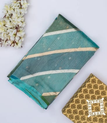 Blue & Green Banarasi Tissue Silk Saree With Diagonal Stripes-Blue