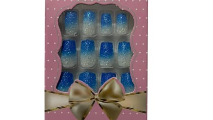 Kucai Beauty Press-On Nails, 12 Pieces, Blue Ombre Glitter, Medium Square Full Cover Fake Nails, Shimmer Design, Reusable Stick-On Nail Tips for Women and Girls (Dark Blue)