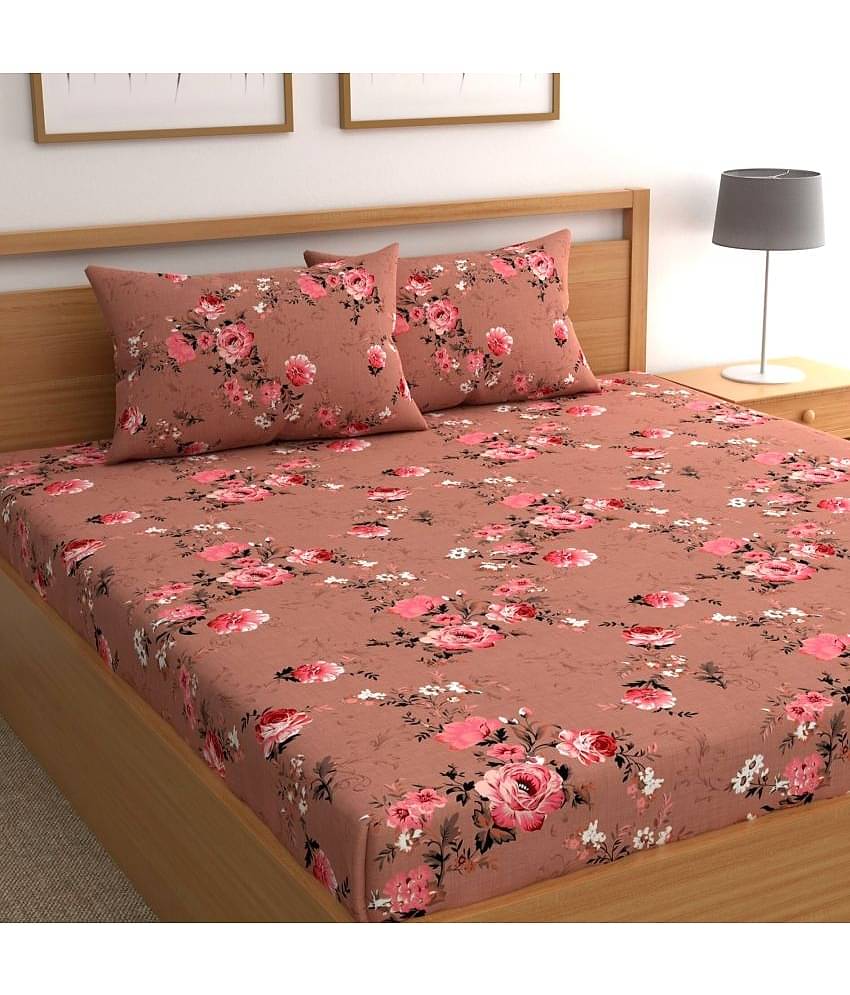 CG HOMES Cotton Floral 1 Double Bedsheet with 2 Pillow Covers - Brown
