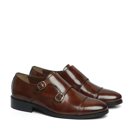 Brown Brushed Off Leather Rounded Cap Toe Double Monk Strap Formal Shoes By Brune & Bareskin-40/6