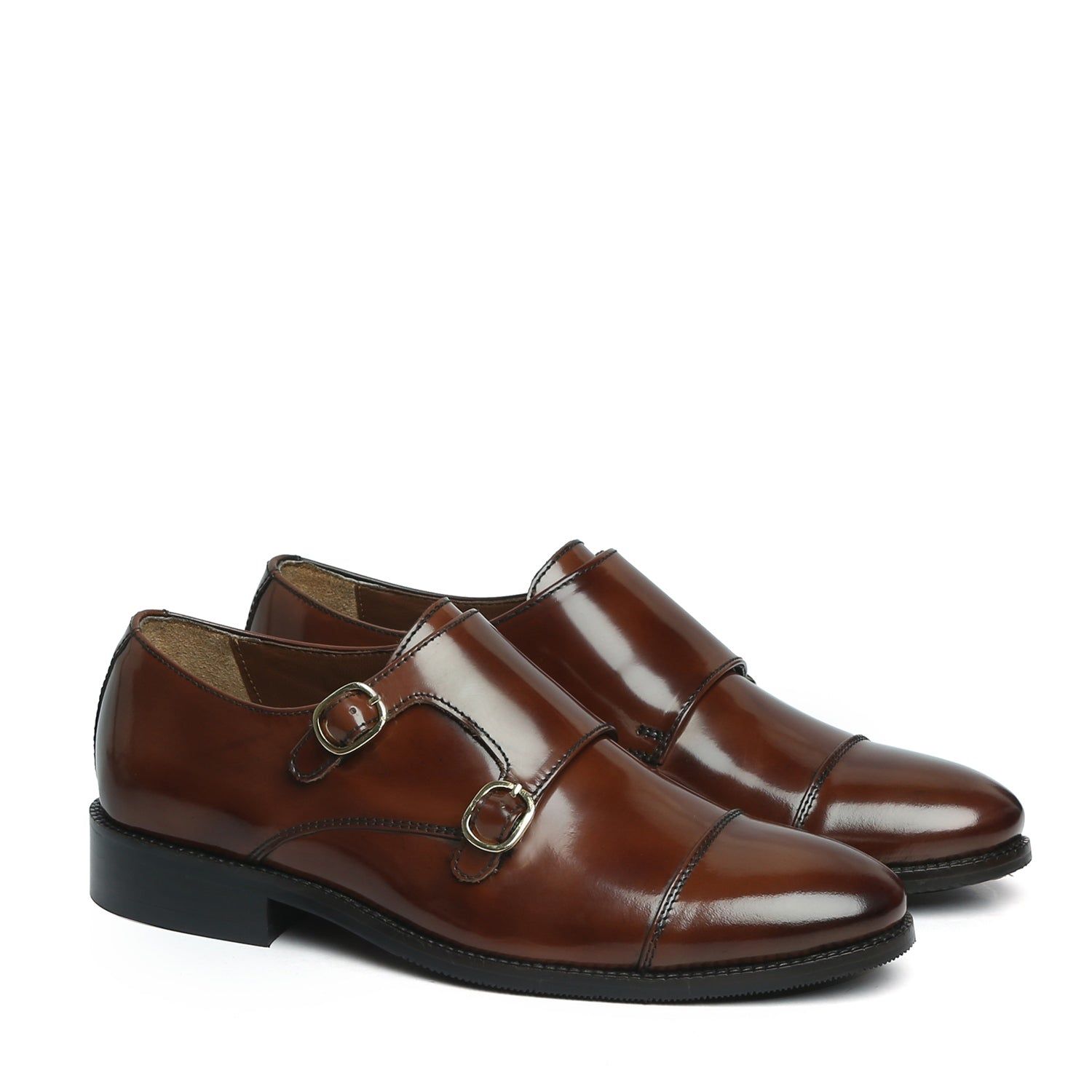 Brown Brushed Off Leather Rounded Cap Toe Double Monk Strap Formal Shoes By Brune & Bareskin-40/6