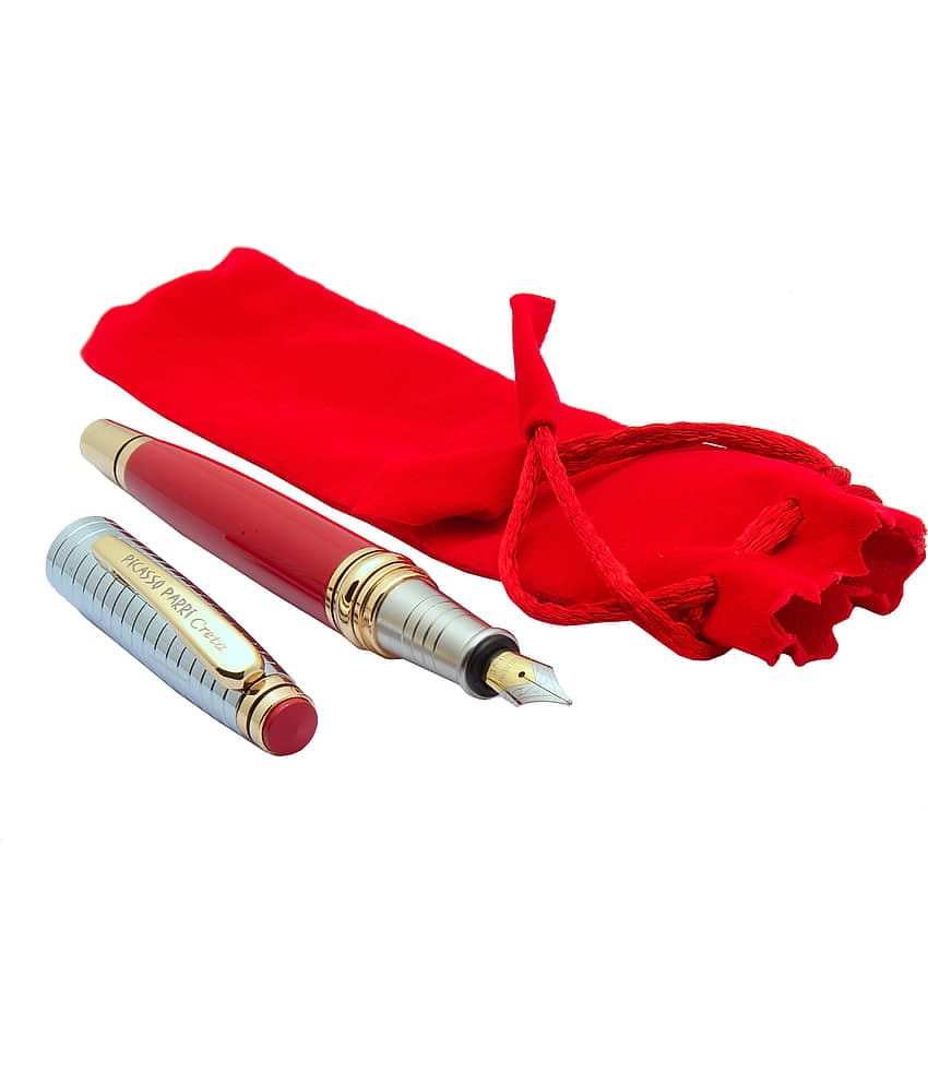 Srpc Creta Red Metal Body Fountain Pen Checks Silver Cap & Golden Trims Medium Nib