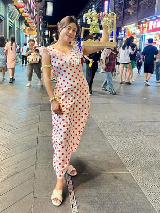 Polka Dot Ruffle Tie Back Midi Dress-Multicolor / M